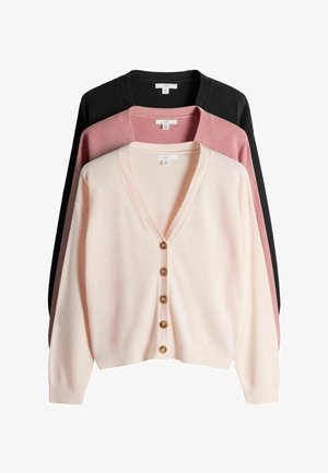 Sæt med tre mellemstore cardigans i creme, pink og sort, med lange ærmer og knaplukning foran.