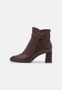 Hnědá kožená kotníková bota s špičatou špičkou, sponou okolo kotníku a dřevěným blokovým podpatkem. Hladký povrch a těsný design.