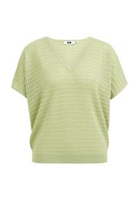 Vaaleanvihreä neulepaita, jossa on V-pääntiö, lyhyet hihat ja geometrinen tekstuurikuvio. Rentoa vartaloa myötäilevä malli, jossa on joustava helma.