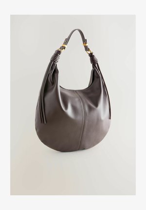 Hobo bag in dark brown textured leather with a slouchy shape, detailed with knotted shoulder strap and gold-tone hardware accents.