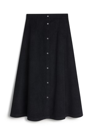 Czarna spódnica A-line z żakardowego materiału, z zapięciem na guziki z przodu, teksturowanym materiałem i rozkloszowanym dołem. Bez kieszeni. Gładki pas w górnej części.