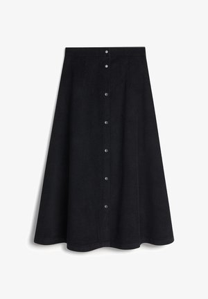 Czarna spódnica A-line z żakardowego materiału, z zapięciem na guziki z przodu, teksturowanym materiałem i rozkloszowanym dołem. Bez kieszeni. Gładki pas w górnej części.