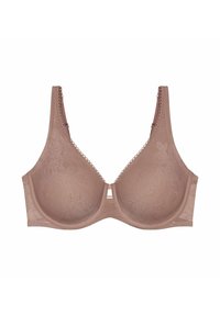 Brauner BH mit floralen Details, glatter Textur, Bügelunterstützung und verstellbaren Trägern mit dekorativem Rand entlang der Kanten.