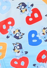 Jasnoniebieska tkanina z wieloma kreskówkowymi psami w czarnych i niebieskich akcentach. Kolorowe litery "B" w czerwonym, niebieskim i pomarańczowym rozmieszczone w tle.