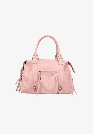 Sac à main en simili cuir rose avec deux poignées robustes, quincaillerie dorée, poches zippées et à glissière, et accents de frange sur les côtés.