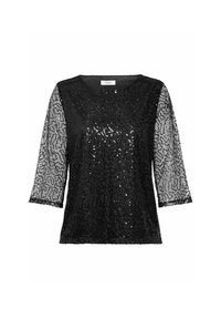 Top noir pailleté avec des manches transparantes à la longueur du coude, présentant un motif texturé à l'avant et un col rond. Tissu lisse.