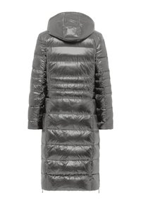 Szara pikowana kurtka puchowa z połyskującym wykończeniem, pikowanym wzorem, odpinanym kapturem i zamykanymi na zamek bocznymi kieszeniami. Dłuższy fason z poziomymi przeszyciami.