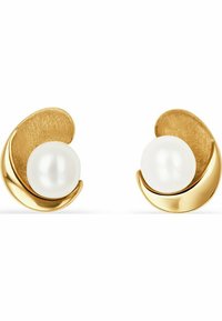 Orecchini in tono oro con finitura spazzolata, dotati di perle bianche al centro e eleganti design curvi su ciascun lato.