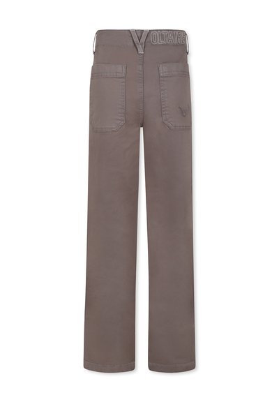 Pantaloni in tessuto grigio con design a gamba dritta, dotati di due tasche posteriori e nome del marchio ricamato sulla vita.