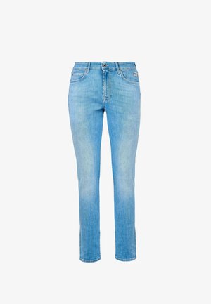 Jeans in denim blu chiaro con taglio dritto, design a cinque tasche e dettagli sbiaditi discreti. Presentano una chiusura con bottone e cerniera.