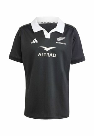 Black rugby jersey featuring a white collar, “ALL BLACKS” logo, and “ALTRAD” branding. Made of soft material with short sleeves.