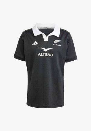 Schwarzes Rugby-Trikot mit einem weißen Kragen, "ALL BLACKS"-Logo und "ALTRAD"-Branding. Hergestellt aus weichem Material mit kurzen Ärmeln.