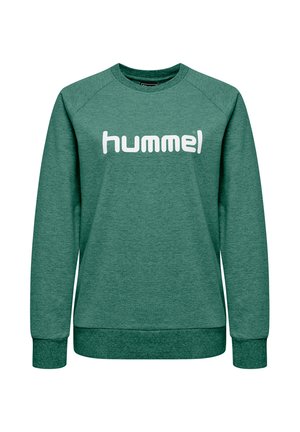 Grøn crewneck sweatshirt med lange ærmer og hvidt "hummel" logo midt på brystet, med ribstrikkede manchetter og kant.