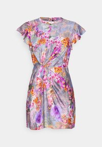 Robe fleurie avec des fleurs violettes, roses et oranges, manches courtes à volant, encolure ronde et détail de nœud torsadé à la taille.
