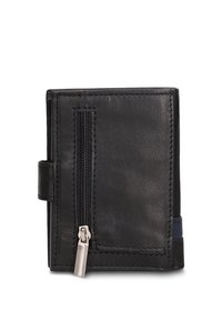 Portafoglio in pelle nera con una tasca con zip, superficie testurizzata e accento blu navy a contrasto. Presenta bordi lisci e cuciture resistenti.