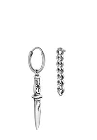 Porte-clés en argent avec un charme en forme de dague, présentant une poignée texturée et un motif d'étoile gravé, accompagné d'un design de chaîne reliée.