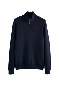 Pulover albastru marin cu guler cu fermoar, manșete și tiv cu volum, fabricat dintr-un material moale, având un logo mic pe piept.