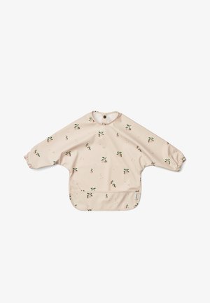 Lys beige skjorte med lange ærmer, dekoreret med grønne og pink frugter samt bladmønstre. Elastiske manchetter og en rund halsudskæring med en knaplukning bagpå.