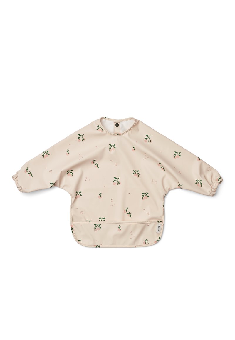 Hellbeige Langarmbluse mit grünen und pinken Früchten sowie Blattmustern. Elastische Bündchen und ein runder Ausschnitt mit einem Druckknopfverschluss auf der Rückseite.