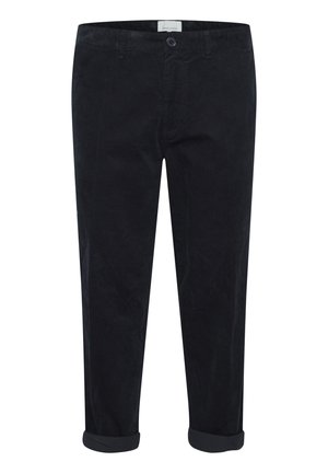 Sorte kordfløjspants med lige pasform, der har en knaplukning, opkrøllede manchetter og en tekstureret overflade. Ingen synlige mønstre eller logoer.