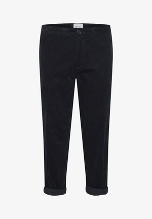 Zwarte corduroy broek met een rechte pasvorm, voorzien van een knoopsluiting, opgerolde boorden en een gestructureerd oppervlak. Geen zichtbare patronen of logo's.