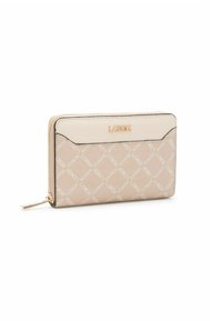 Portafoglio beige con chiusura a zip, dettagli in metallo dorato e finitura testurizzata. Caratterizzato da un motivo con logo sul davanti, retro liscio e un bordo nero a contrasto.