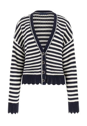 Marineblauer und weiß gestreifter Strick-Cardigan mit V-Ausschnitt, durchgehender Knopfleiste, wellenförmigem Saum und gerippten Bündchen an den langen Ärmeln.