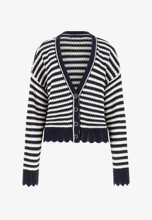 Marineblauer und weiß gestreifter Strick-Cardigan mit V-Ausschnitt, durchgehender Knopfleiste, wellenförmigem Saum und gerippten Bündchen an den langen Ärmeln.