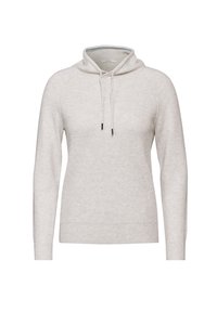 Lichtgrijze hoodie met een geribbelde textuur, trekkingkoordsluiting en lange mouwen. Heeft een effen kleur en een relaxte pasvorm.
