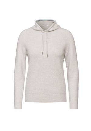 Light gray hooded sweatshirt with a ribbed texture, drawstring closure, and long sleeves. Features a solid color and relaxed fit.