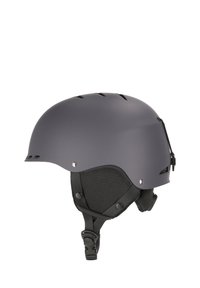 Grå skid hjälm med matt yta, ventilationsslitsar och justerbart hakband. Svart vaddering synlig inuti för komfort.