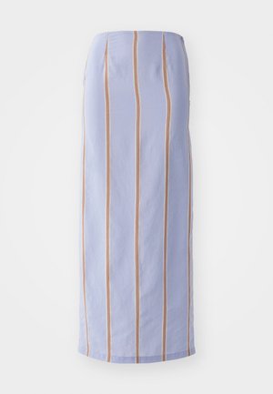 Gonna midi viola chiaro con strisce verticali arancioni e bianche. Tessuto liscio con una vestibilità strutturata e orlo dritto.