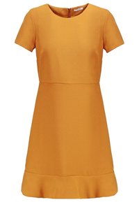 Kortärmad A-linjeformad klänning i en livlig senapsgul färg, med rund halsringning, texturerad tyg och en utsvängd fåll. Dragkedjestängning bak.