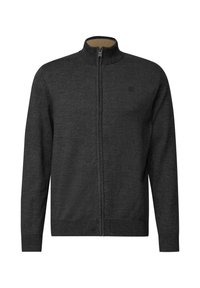 Tmavě šedý zipový svetr s vysokým límcem, texturovaná pletenina a decentní logo značky na levém prsu. Měkká vnitřní podšívka.