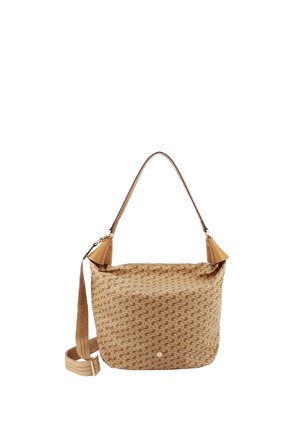 Borsa a tracolla beige con motivo, tracolla regolabile e dettagli in pelle, con design circolare ripetuto e ferrature dorate.