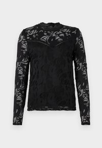 Haut noir en dentelle à manches longues avec motifs floraux, col montant et design non doublé. Comprend des manches transparentes et une texture subtile sur l'ensemble.