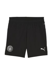 Juodos sportinės šortai su Mančesterio miesto logotipu baltai kairėje pusėje ir mažu Puma logotipu dešinėje.