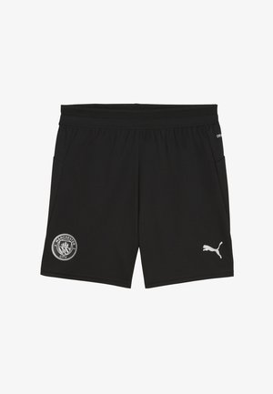 Juodos sportinės šortai su Mančesterio miesto logotipu baltai kairėje pusėje ir mažu Puma logotipu dešinėje.