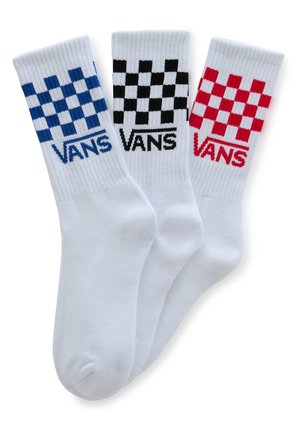 Tres pares de calcetines blancos con patrones de cuadros en azul, negro y rojo, con el logo "VANS" tejido en negro en cada par.