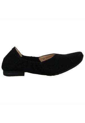 Black suede flat shoe with a pointed toe and low heel. Features a slip-on design with a smooth texture and slight gathering at the heel.