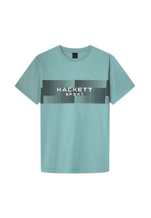 Helle türkisfarbene Kurzarm-T-Shirt mit schwarzem und weißem "HACKETT SPORT"-Text über einem horizontalen schwarzen Streifengrafik auf der Brust.