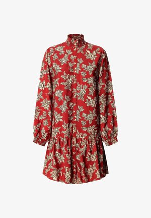 Punarummu lilleline kleit pikkade varrukatega, kogutud kaelusega ja volangse äärega. Omab kreemikat lillemustrit tekstureeritud kangal.