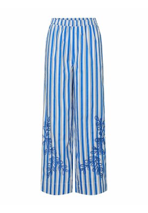 Blå og hvide stribede brede bukser med elastisk talje, prydet med broderede blomsterdesigns på de nederste sider. Fremstillet af letvægtsstof.