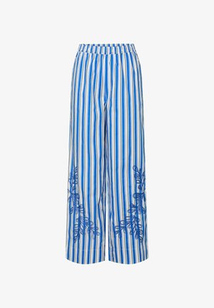 Blå og hvide stribede brede bukser med elastisk talje, prydet med broderede blomsterdesigns på de nederste sider. Fremstillet af letvægtsstof.