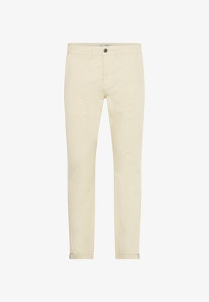 Hellbeige Baumwollhosen mit geradem Schnitt, ausgestattet mit einem einzelnen vorderen Knopf, zwei seitlichen Taschen und umgeschlagenen Säumen.
