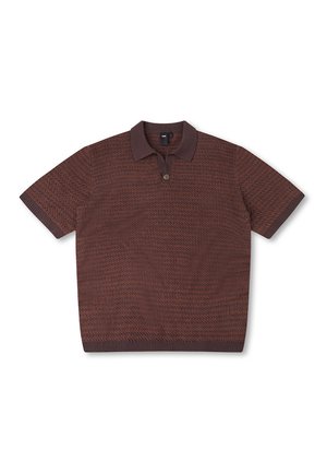 Short-sleeve polo shirt in dark brown, featuring a textured fabric, a matching collar, and a single button closure at the neck.