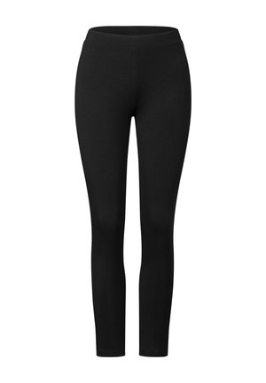 Black leggings made of stretchy fabric, featuring a high waist and a smooth, unadorned design with a fitted silhouette.