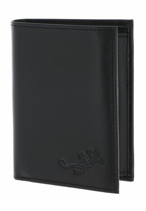 Portefeuille pliable en cuir noir avec bords cousus et motif gécko en relief dans le coin inférieur droit.