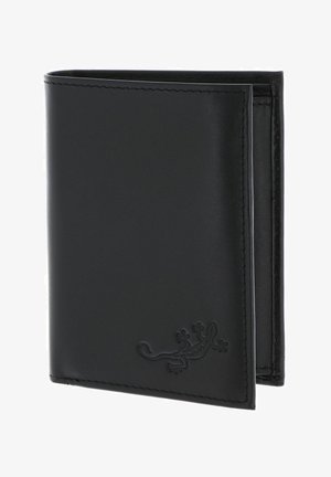 Black leather trifold wallet with stitched edges and an embossed gecko design in the bottom right corner.