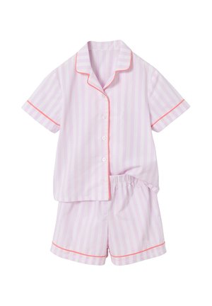 Short-sleeve button-up pajama top and matching shorts with light pink vertical stripes and coral piping accents.